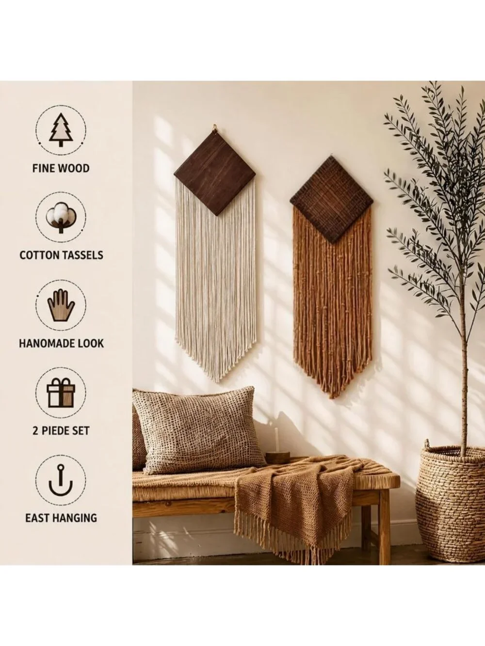 Boho Macrame Wall Art Decor - 2 Pcs Woven Tassel Hanging for Living Room